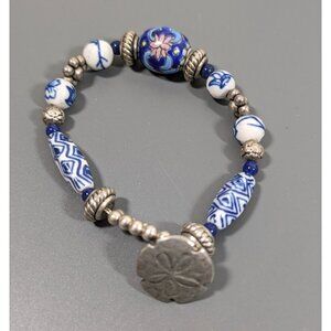 Danforth Pewter Sand Dollar Clasp Blue White Ceramic Bracelet‎ Toggle 6.5"